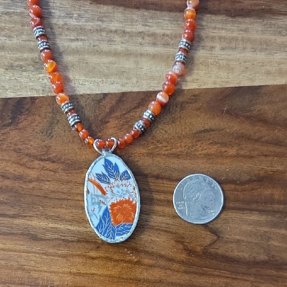 Broken China and Carnelian Beaded Necklace - Picture 5 of 6